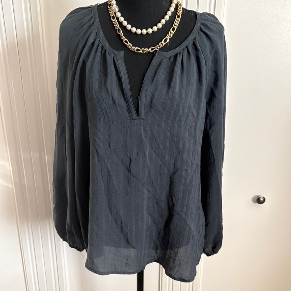 Lovestitch Gray Puff Sleeve Blouse with Relaxed Fit and Pleated Neckline